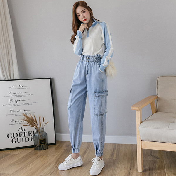 Blugi casual de dama cu talie elastica si buzunare