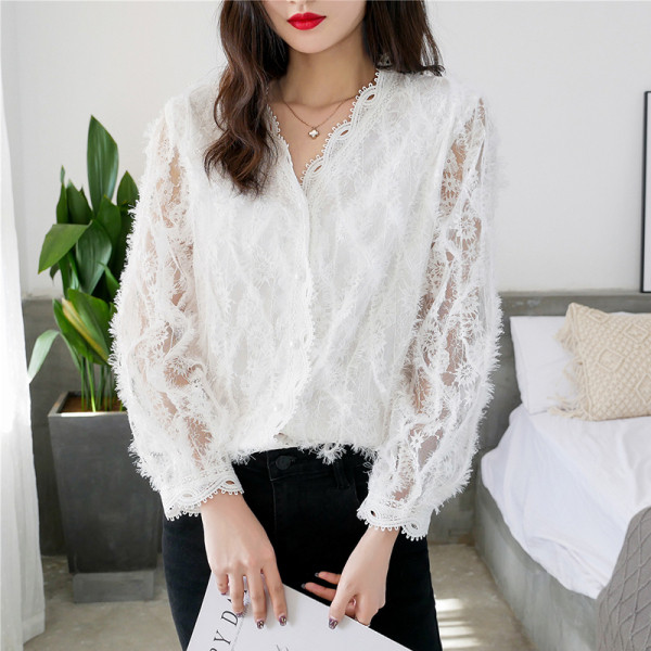 Új modell csipke női ing spitz nyakkivágással és hosszú ujjal