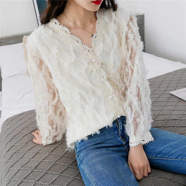 Új modell csipke női ing spitz nyakkivágással és hosszú ujjal