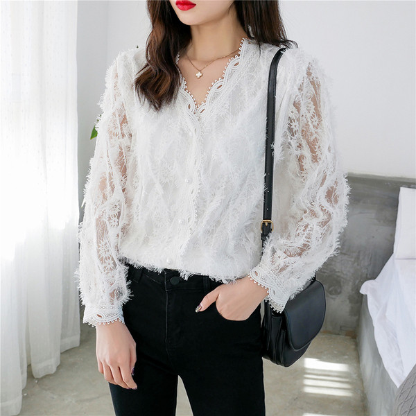 Új modell csipke női ing spitz nyakkivágással és hosszú ujjal
