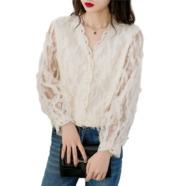 Új modell csipke női ing spitz nyakkivágással és hosszú ujjal