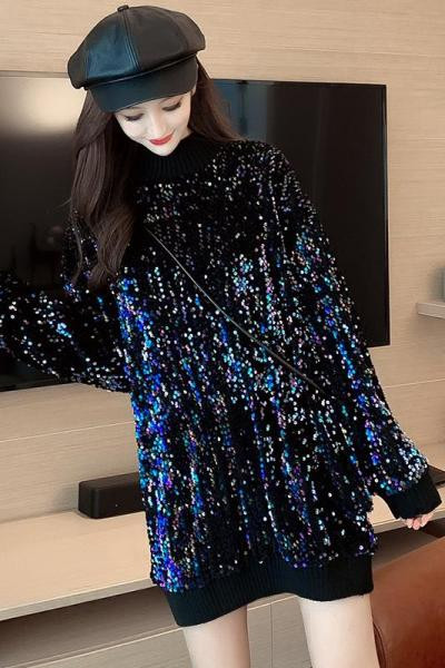 Pulover lung de dama model nou cu paiete si guler polo jos