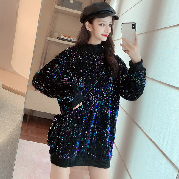 Pulover lung de dama model nou cu paiete si guler polo jos