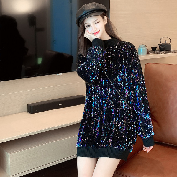 Pulover lung de dama model nou cu paiete si guler polo jos