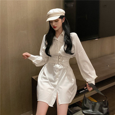 Pavasariška moteriška suknelė su klasikine apykakle ir sagtimis