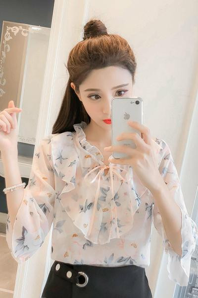 Bluză de damă modernă cu model floral, cravate și mâneci lotus