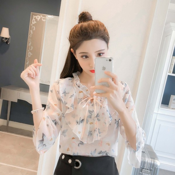 Bluză de damă modernă cu model floral, cravate și mâneci lotus