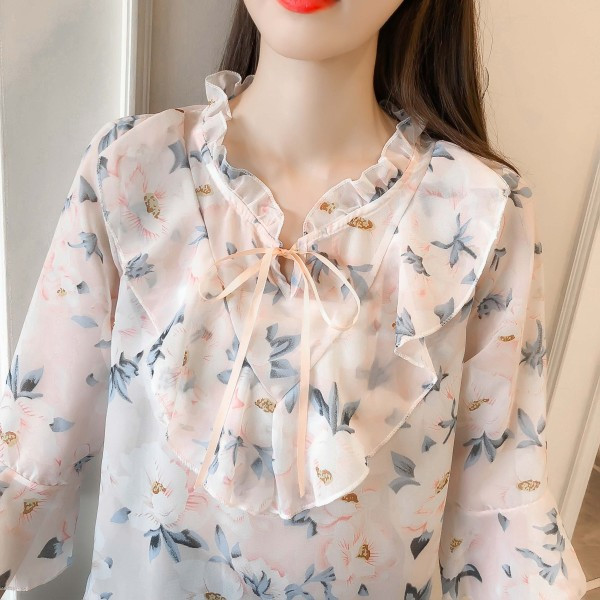 Bluză de damă modernă cu model floral, cravate și mâneci lotus