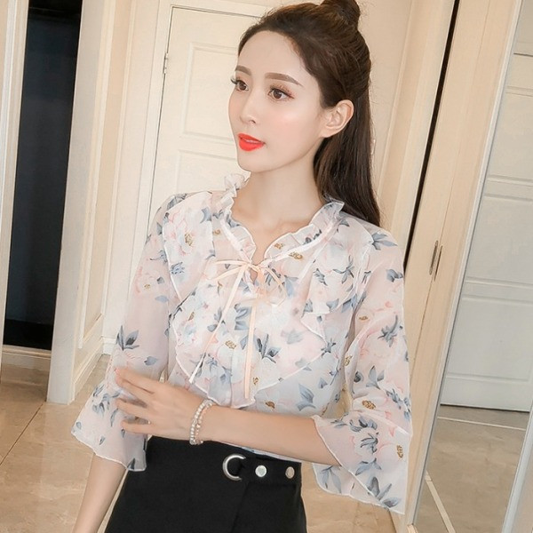 Bluză de damă modernă cu model floral, cravate și mâneci lotus