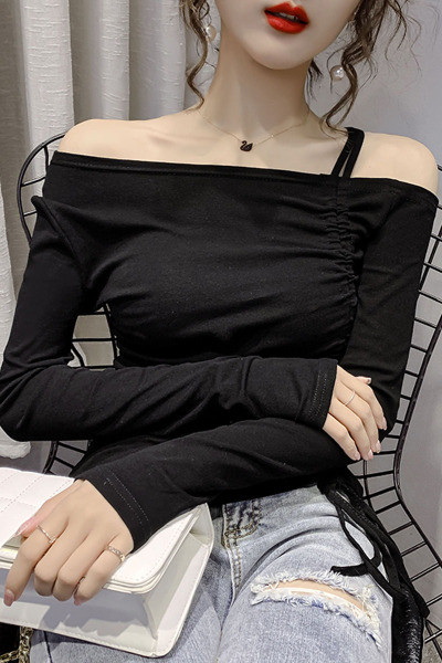 Sieviešu ikdienas blūze ar atkailinātiem pleciem un saitēm