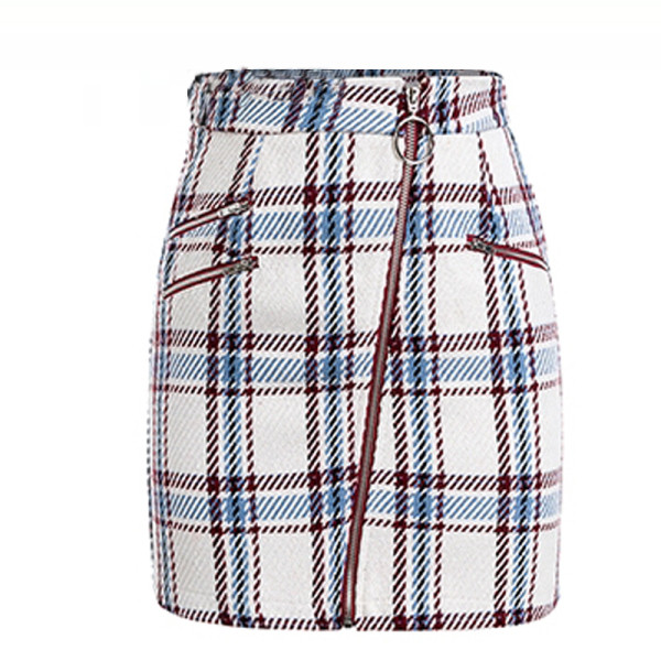 Modern női kockás szoknya magas derékkal és cipzárral