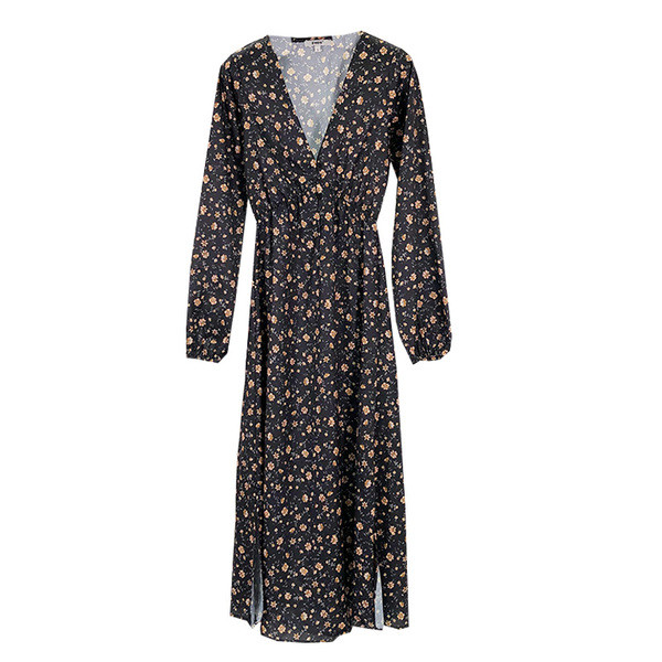 Alkalmi női ruha virágmintával és V-nyakkal