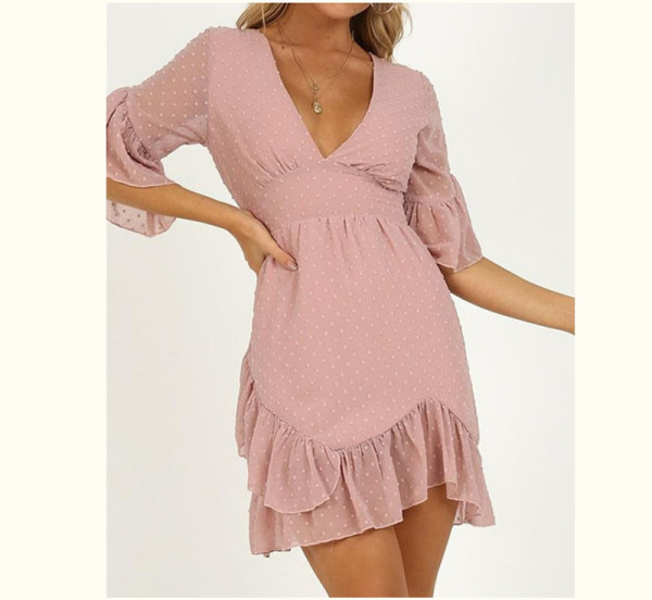 Rochie scurtă de damă casual, cu decolteu adânc și mâneci 3/4