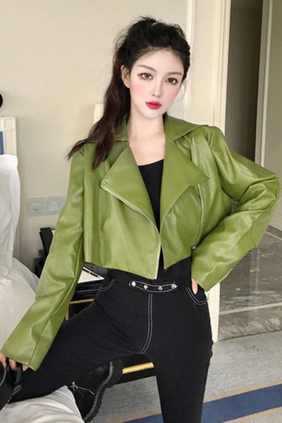 Īsa sieviešu ādas jaka bez aizdares