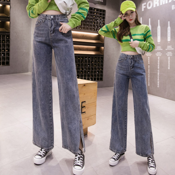 Női alkalmi farmer egyenes modell magas derékkal és hasítékkal