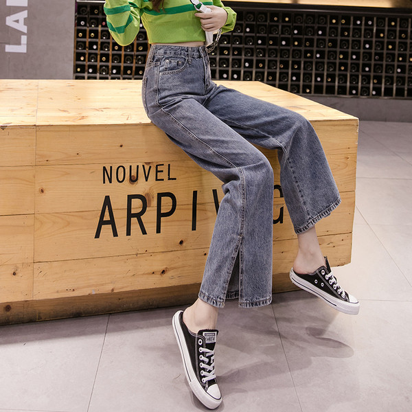 Női alkalmi farmer egyenes modell magas derékkal és hasítékkal