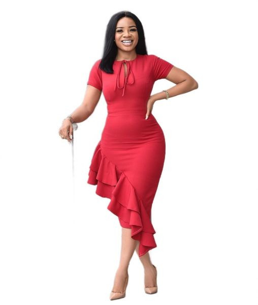 Rochie modernă de damă asimetrică cu mâneci scurte și cravate