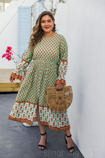 Rochie casual de dama cu model colorat si maneci lungi - marimea 4XL