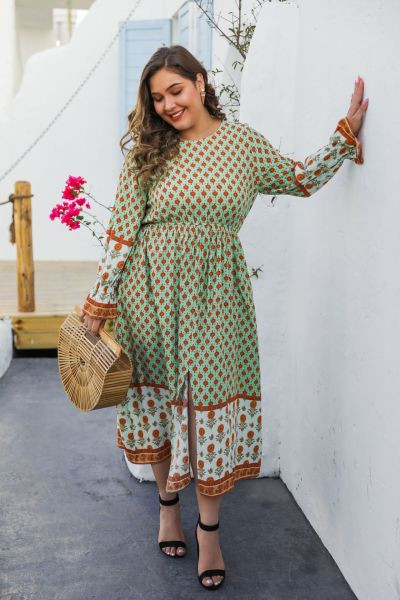 Rochie casual de dama cu model colorat si maneci lungi - marimea 4XL