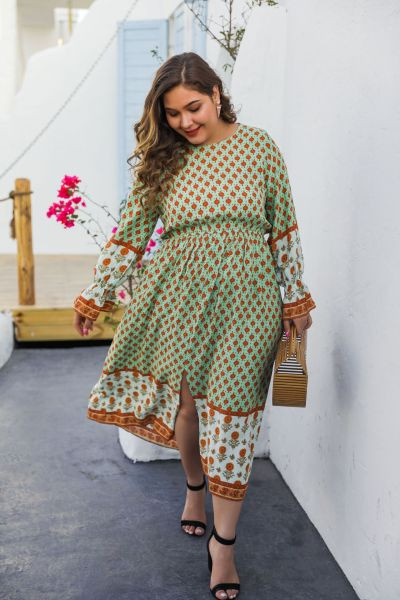 Rochie casual de dama cu model colorat si maneci lungi - marimea 4XL