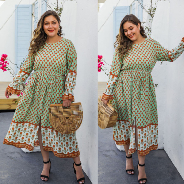 Rochie casual de dama cu model colorat si maneci lungi - marimea 4XL