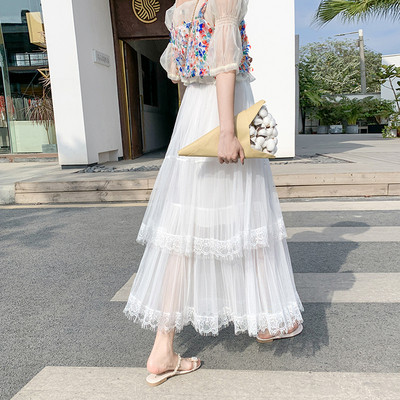 Moteriškas ilgas laisvalaikio sijonas su nėriniais