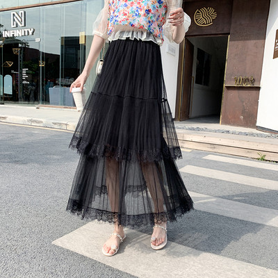 Moteriškas ilgas laisvalaikio sijonas su nėriniais