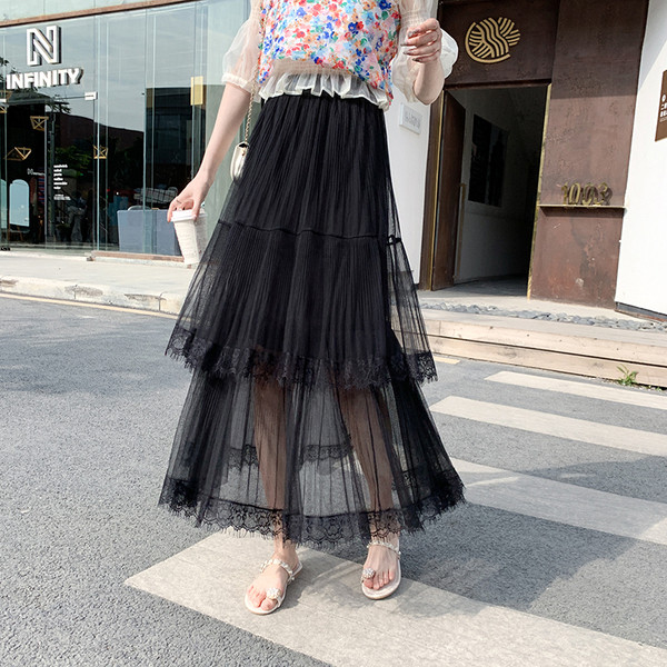 Moteriškas ilgas laisvalaikio sijonas su nėriniais