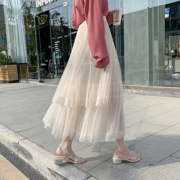 Moteriškas ilgas laisvalaikio sijonas su nėriniais