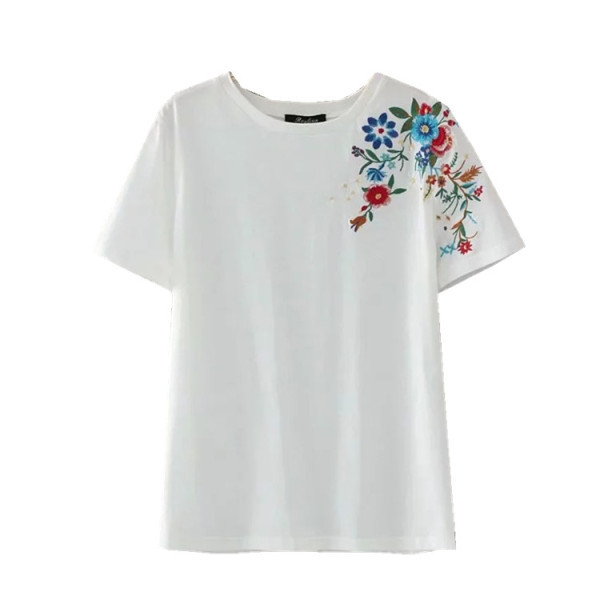Sieviešu balts T-krekls ar īsām piedurknēm un ziedu izšuvumu