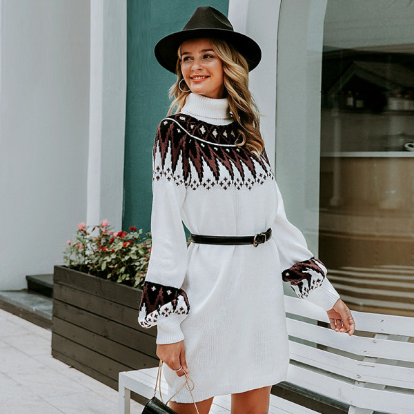 Kõrge krae ja pikkade varrukatega vabaaja naiste lühike kleit