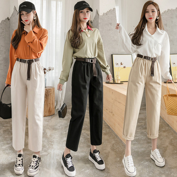 Ležerne ženske hlače s remenom i visokim strukom