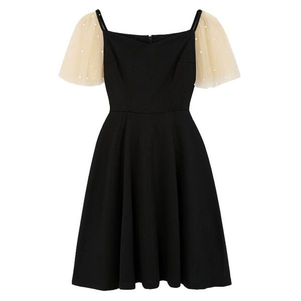 Moderna sieviešu kleita ar tilla un pērļu piedurknēm melnā krāsā