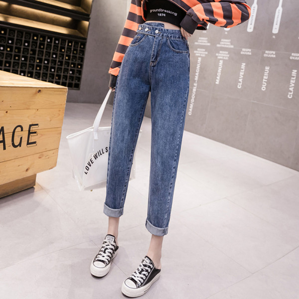 Blugi lungi de dama albastri cu talie inalta