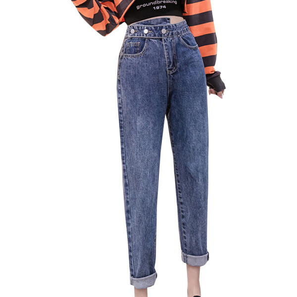 Blugi lungi de dama albastri cu talie inalta