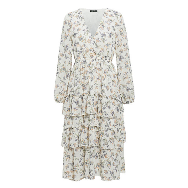 Rochie lunga de dama casual cu model floral si maneci lungi potrivita primaverii