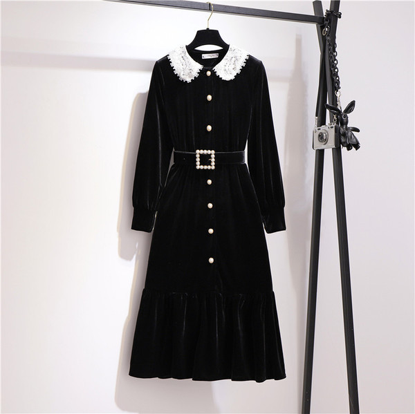 Rochie de dama din catifea cu guler din dantela si centura in talie