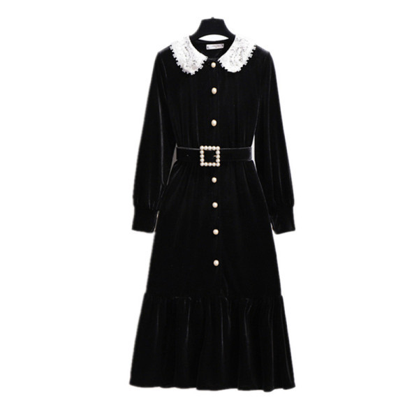 Rochie de dama din catifea cu guler din dantela si centura in talie