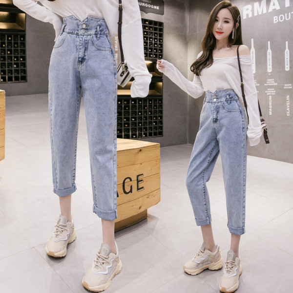 Blugi de dama model drept cu talie inalta si motive rupte