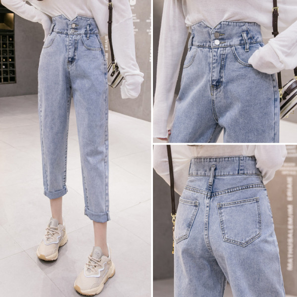 Blugi de dama model drept cu talie inalta si motive rupte