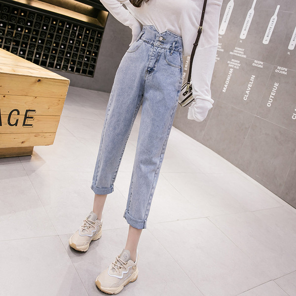 Blugi de dama model drept cu talie inalta si motive rupte