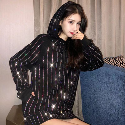 Bluză lungă de damă modernă cu pietre și glugă