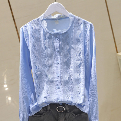 Ležerna ženska košulja s čipkom - široki model s okruglim izrezom