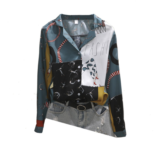 Moteriški modernūs marškiniai su klasikine apykakle ir spalvingomis aplikacijomis