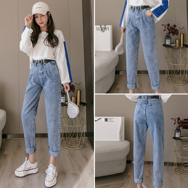 Blugi de dama moderni cu centura si buzunare - model larg