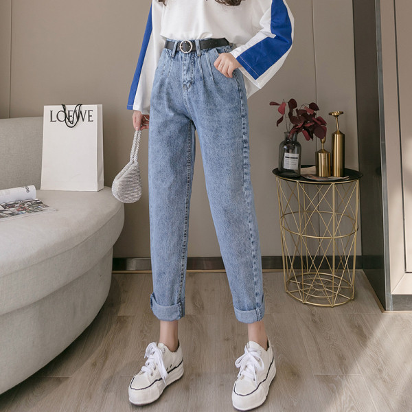 Blugi de dama moderni cu centura si buzunare - model larg