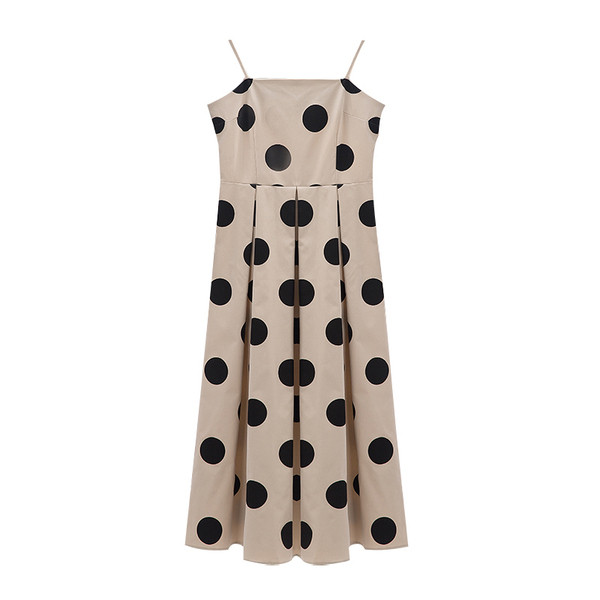 Ženska duga točkasta haljina na tanke naramenice - model kroja