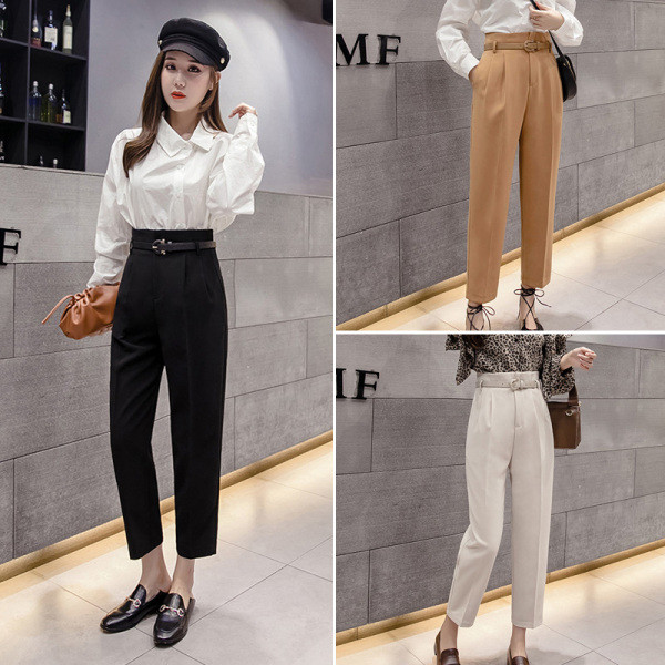 Sportiškos-elegantiškos moteriškos kelnės su diržu - aukštu liemeniu