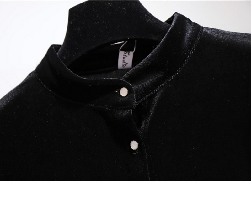 Crna ženska baršunasta haljina s dugim rukavima i gumbima