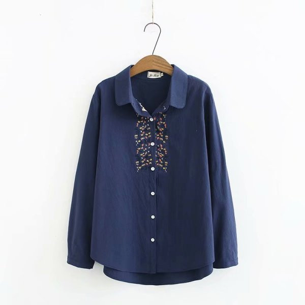 Camasa larga dama casual cu broderie si guler clasic